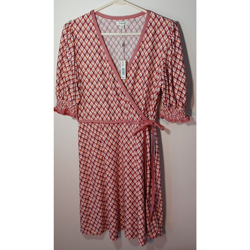 $98 Max Studio Women's L Large Faux Wrap Dress Red Cream Sleeves Knee Length NWT